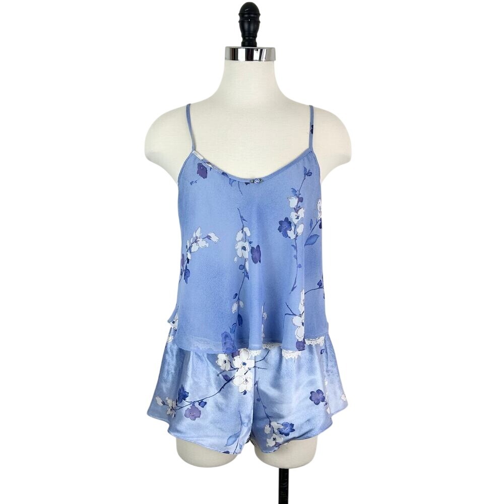 Vintage California Dynasty Sleep Set Blue Floral Sheer Satin‎ Size Medium 1980s
